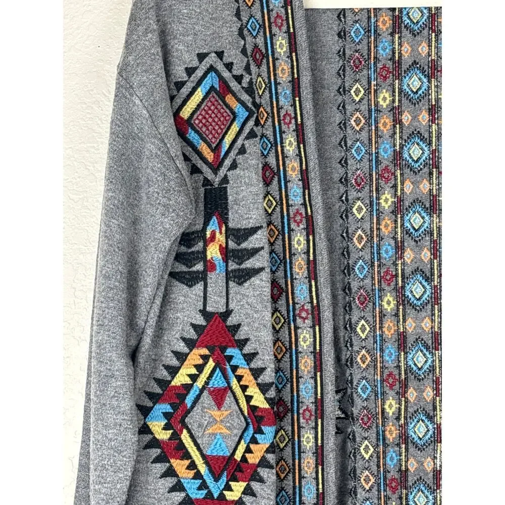 Andree by UNIT Bohemian Tribal Embroidered Open Long Line Cardigan Duster Size S